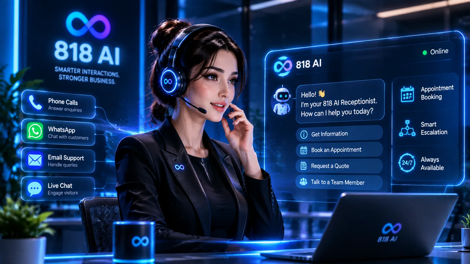The 818 AI Receptionist answering a customer, with a live chat panel showing bookings and escalation